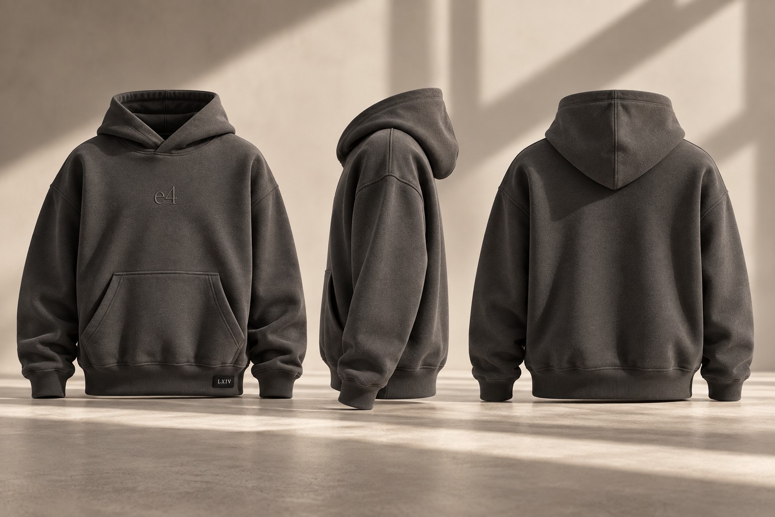 Hoodie LXIV charcoal — vues avant, profil et dos